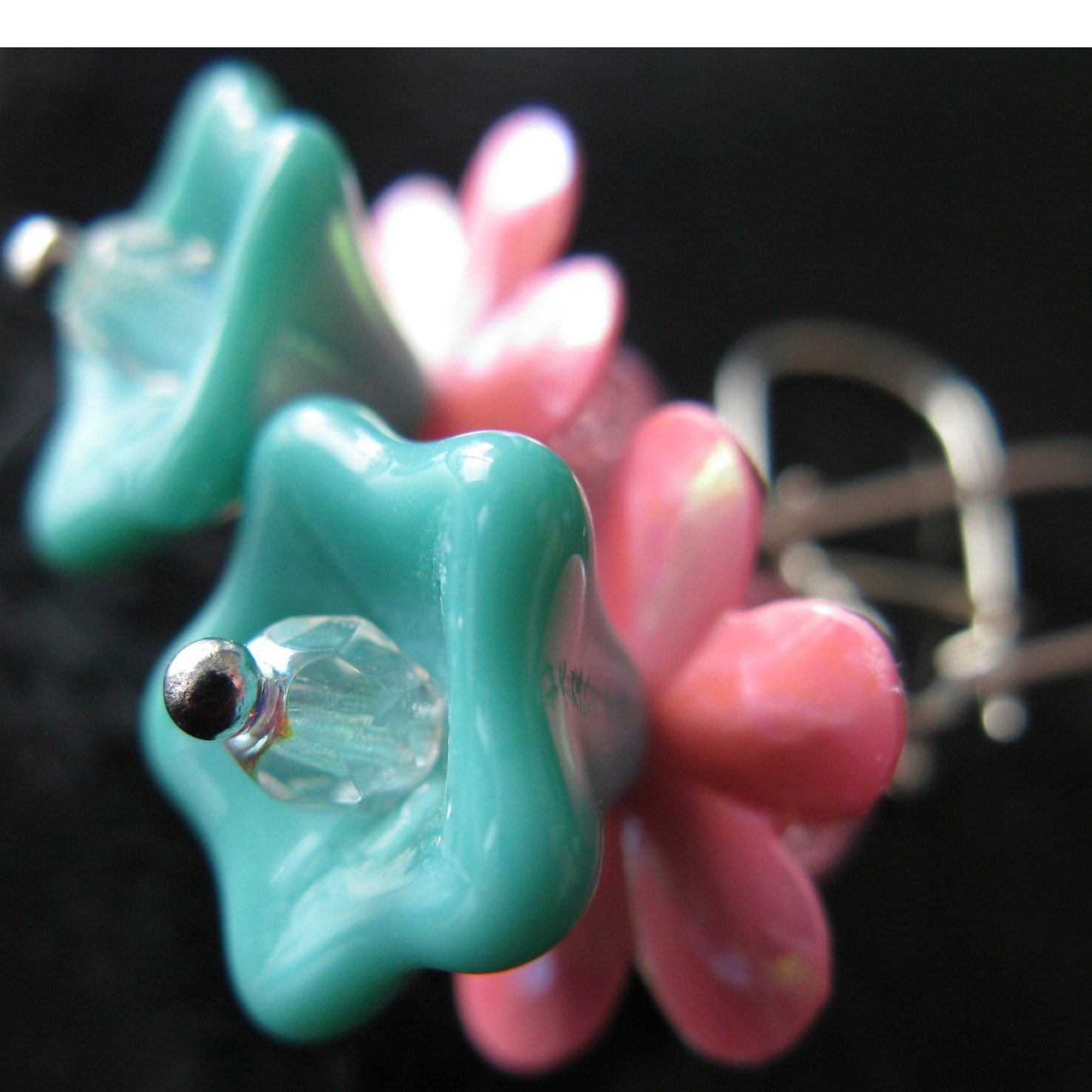 LACIE. turquoise or tiffany blue glass and pink flower earrings for little girls