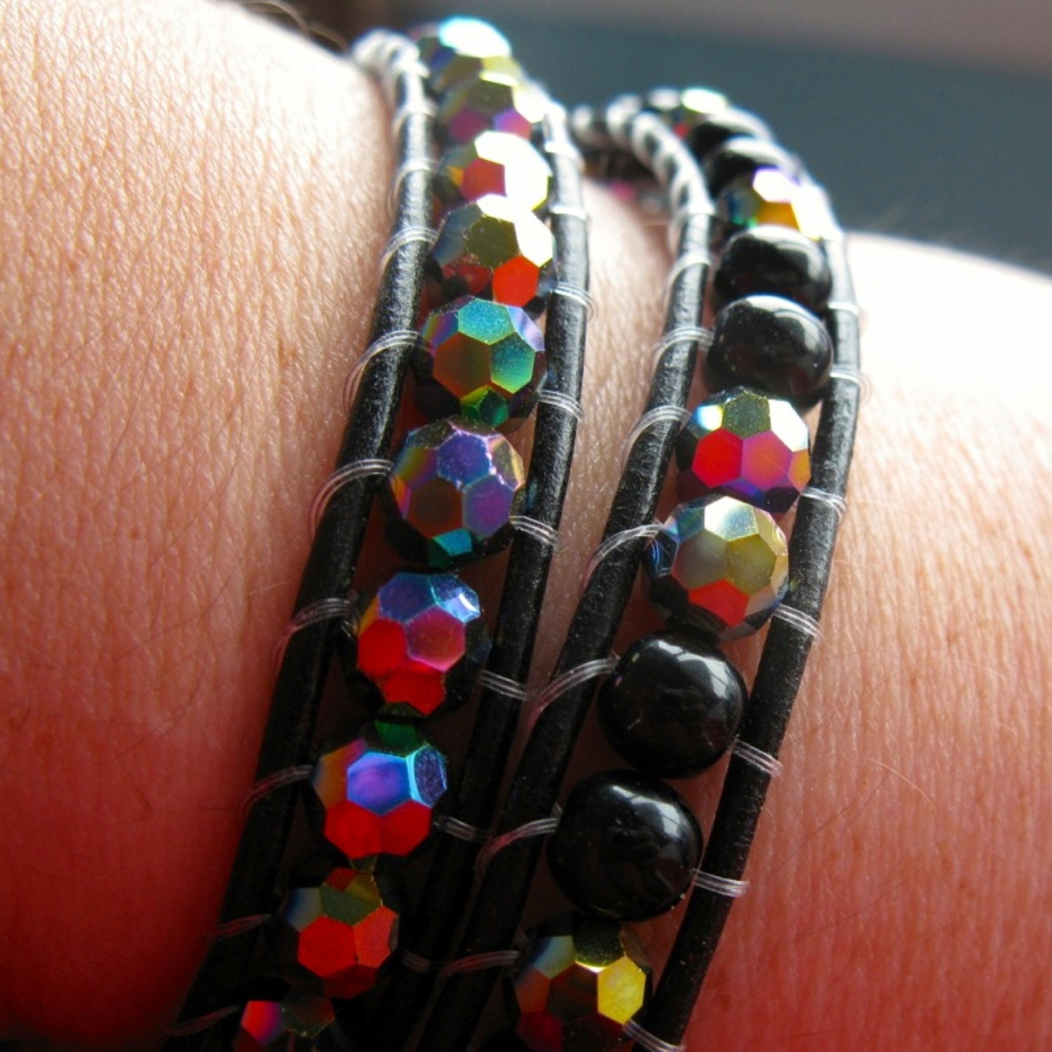 KRISTINA. black and rainbow glass and leather wrap Chan Luu bracelet, anklet. headband or necklace