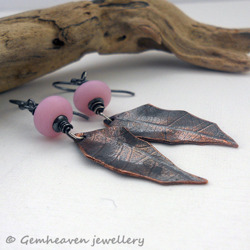 Mixed metal Pink lampwork leaf Dangle earrings  - Free Falling -