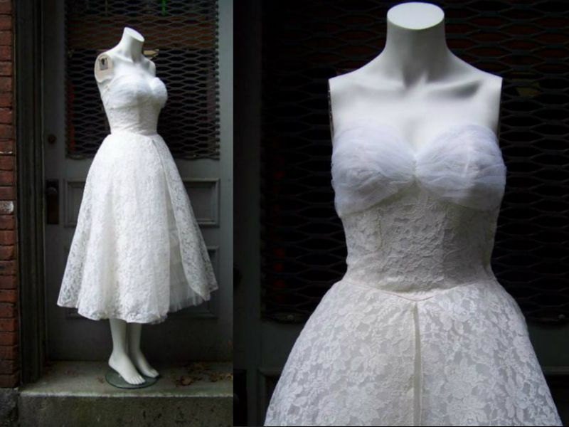 1950s Bombshell Lace and Tulle Strapless Cupcake Wedding Dress and Bolero XSM