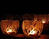 4 Glass Candle Holders 'Reaching Branches' Hand Engraved Tree Indoor Outdoor Luminary Wedding Decor Take 15% OFF At Checkout
