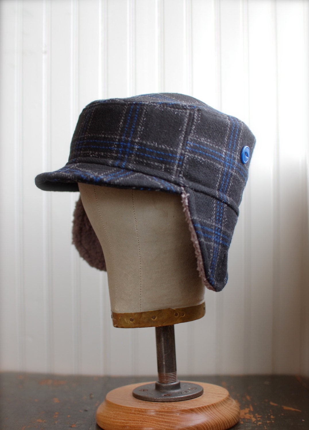 Warm winter hat with cozy wrap-around earflaps in black plaid: mens ear flap hat, womens ear flap hat - medium