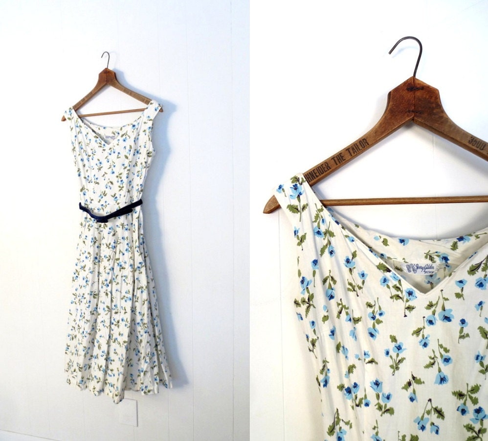 Vintage 50s Dress / 1950s Dress / Blue Rose Dress / Jerry Gilden / XS