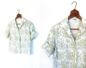 Vintage 1960s Blouse / Flower Print / 60s Blouse / Celery Green / Medium M