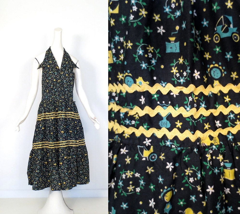 Vintage 1950s Sundress / The Daily Grind / Novelty Print Dress / 50s Dress / 1950s Halter Dress / S M