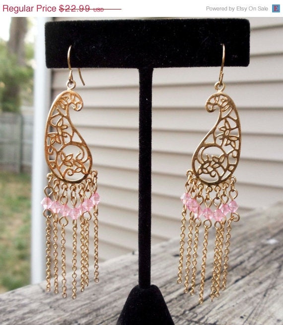 Summer Sale Gold chain dangle earrings with pink Czech glass beads