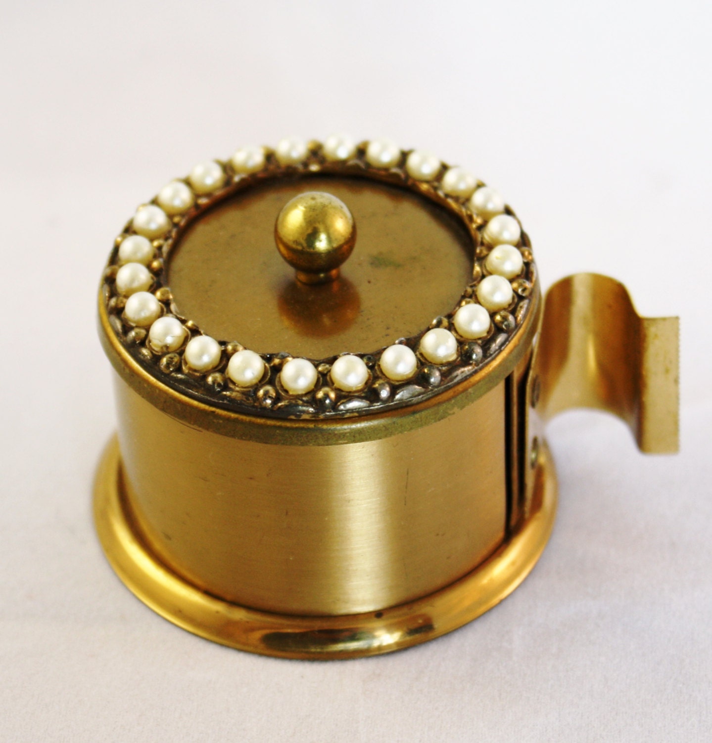 Vintage Stamp Holder Desktop Accessory - Brass & Pearls Postage Box