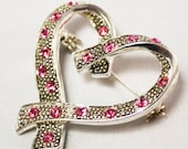 Anne Klein Heart Brooch - Silver with Pink Rhinestones