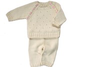 Hand Knit All Seasons Cashmere/Cotton Baby Girl Set  -  Sweater and Pants - Off White/Ivory