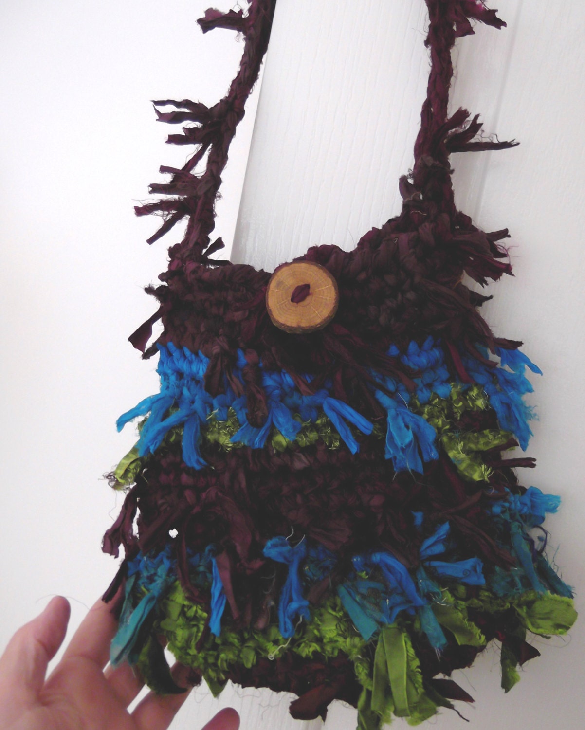 Little Recycled Sari Silk  Very Raggy Chocolate Turquoise Avocado Ribbon Bag  Hand Crocheted by plumfish