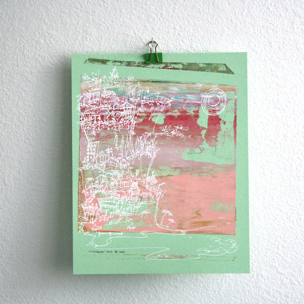 silkscreen art print of a beach city in white, pink and peach on mint green cardstock: "Cliffhanger" (8x10)