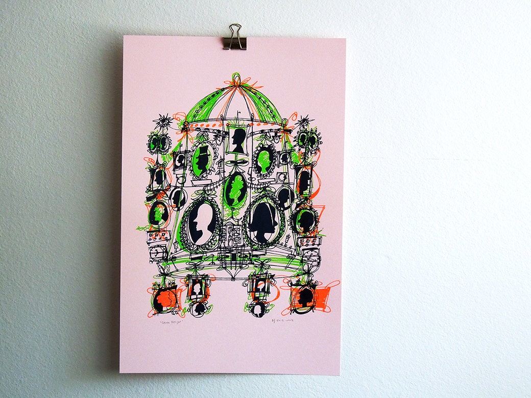 funny neon and pastel silhouettes handmade screenprint  - "Cameo Bell Jar" original silkscreen print in cartoon colors (12-1/2 x19)