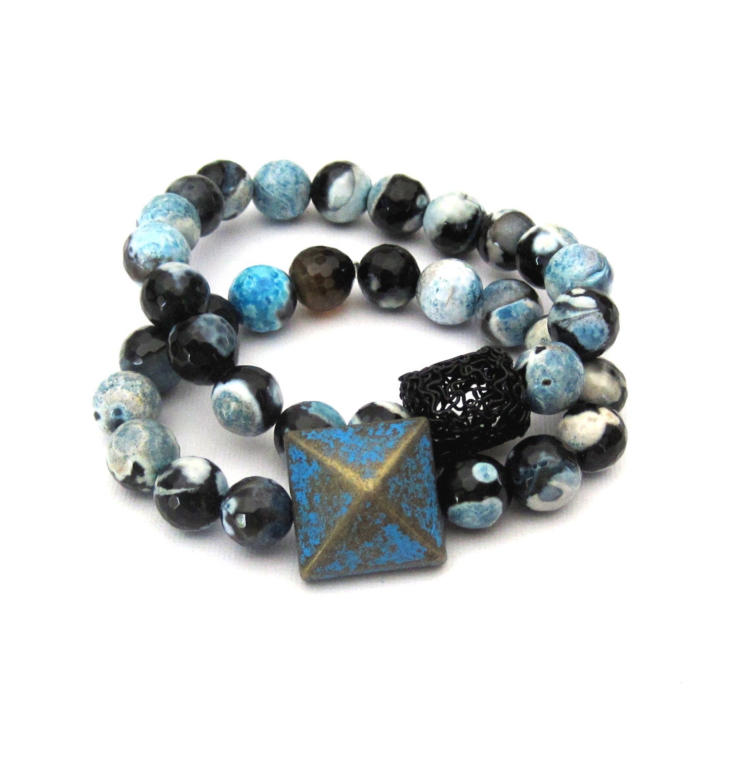 Geometric Stretch Stack Bracelets Blue Square and Black Cylinder with Agate Beads Set of 2