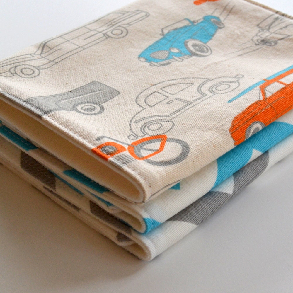 Baby Boy Burp Cloth Gift Set . Eco-Organic . Shower Gift . Surf Mobiles, Aqua and Gray Chevron - CorinneCitrolo