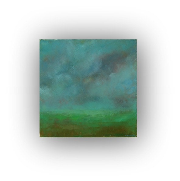 In Between the Stars- Oil painting on Canvas 12x12 dark blue and green small abstract landscape night sky clouds palette knife painting