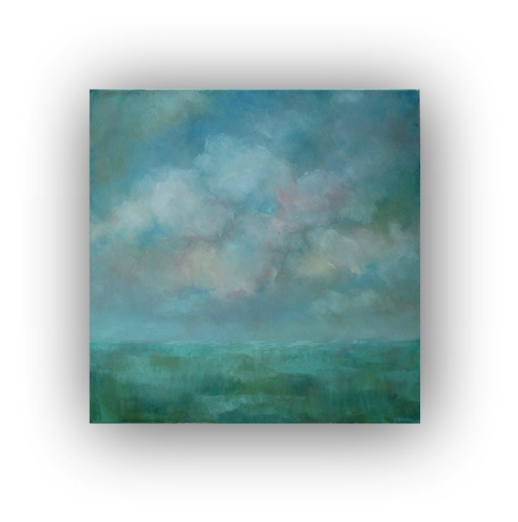 Blue Horizon- Landscape Painting on Canvas 24x24 abstract oil painting blue green white sky clouds spring original palette knife painting
