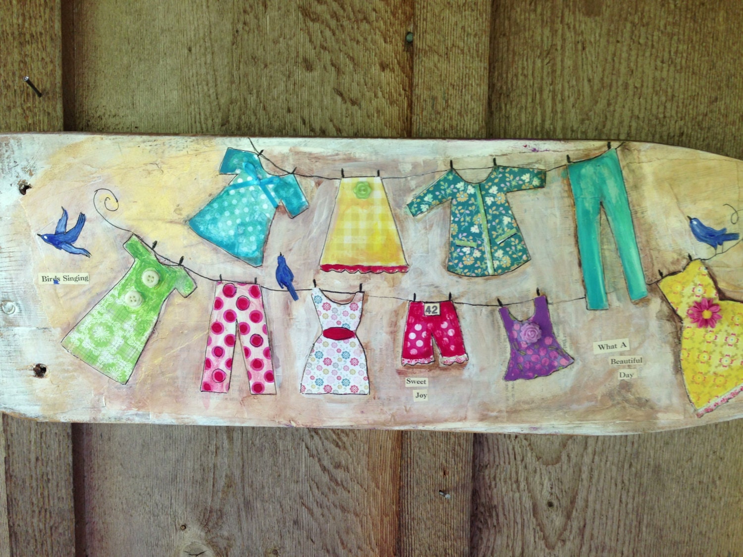Laundry Day Mixed Media on Vintage Wood Ironing Board