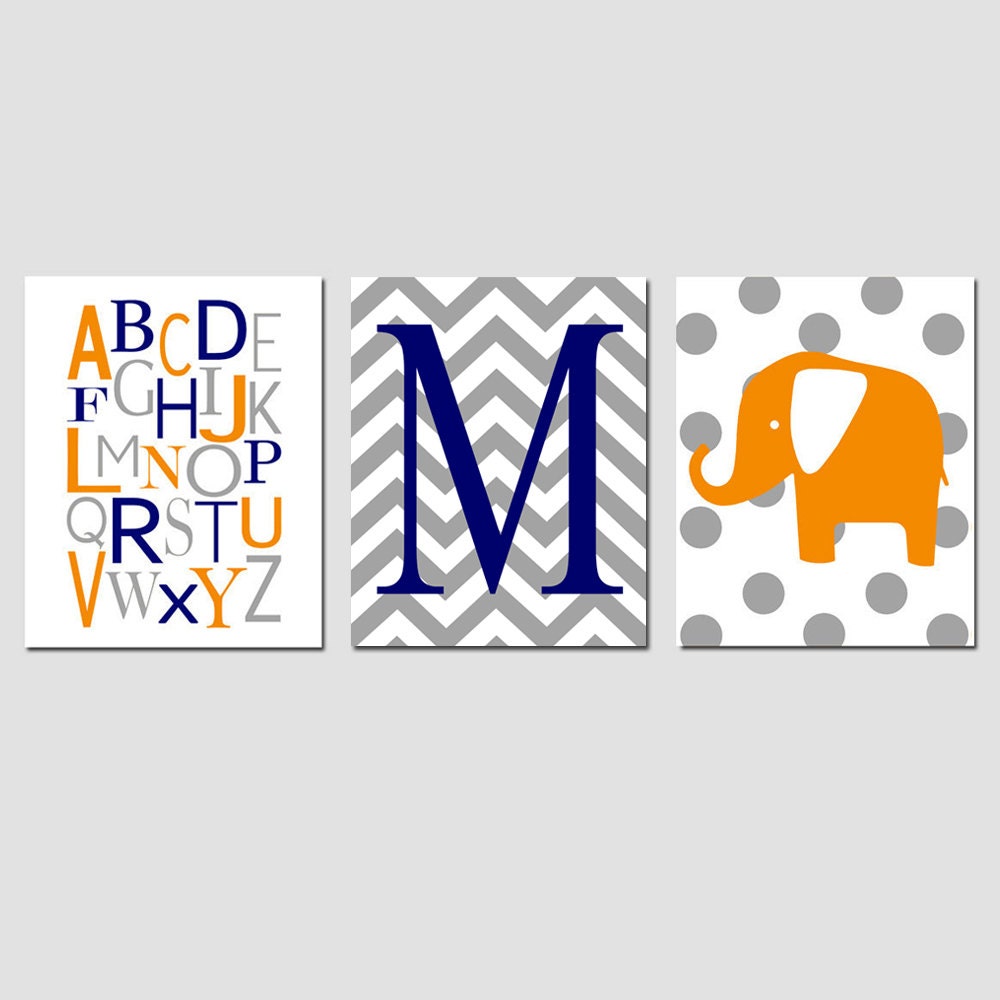 Modern Nursery Trio - Set of Three 8x10 Prints - Chevron Monogram Initial, Modern Alphabet, Polka Dot Elephant - Choose Your Colors