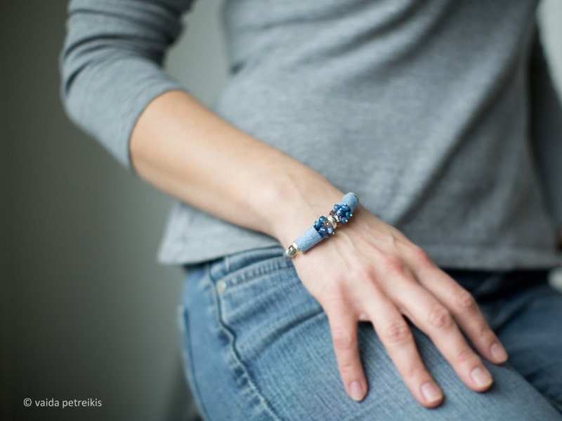 Metal Bracelet with Handmade Felt - 50 Shades of Blues - elegant feminine casual style - ready to ship