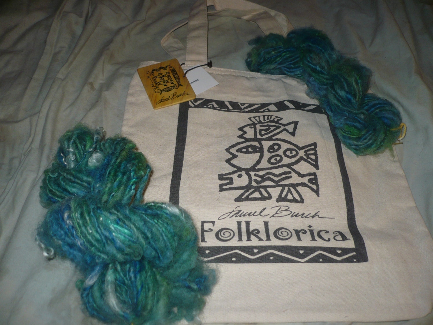 Laurel Burch Nomad Collection Folklore Fish Tote -Matching -Stitch markers -My hat pattern with 2 skeins of Art Handspun yarn