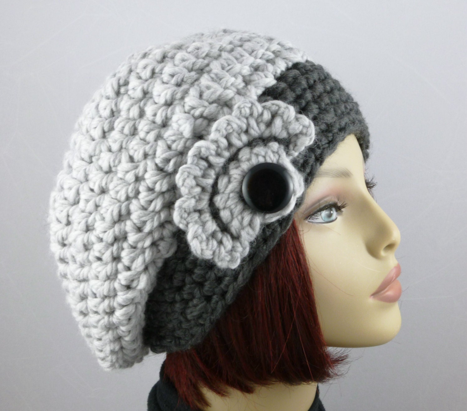 Chunky Wool Blend Womens Slouch Beanie with Embellishment - Hand Crocheted
