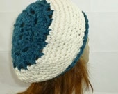 Chunky Wool Blend Slouchy Beanie Tam in Cream and Fancy Teal Back- Hand Crocheted