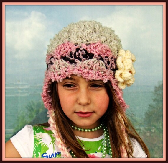 Children Hat Crochet Children Hat Toddler Girl Hat with Flower in Beige Mocha and Pink Colors READY TO SHIP