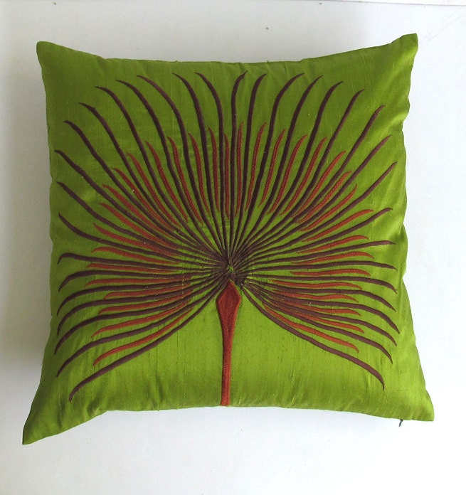 olive green & brown pillow cover with abstract palm leaf