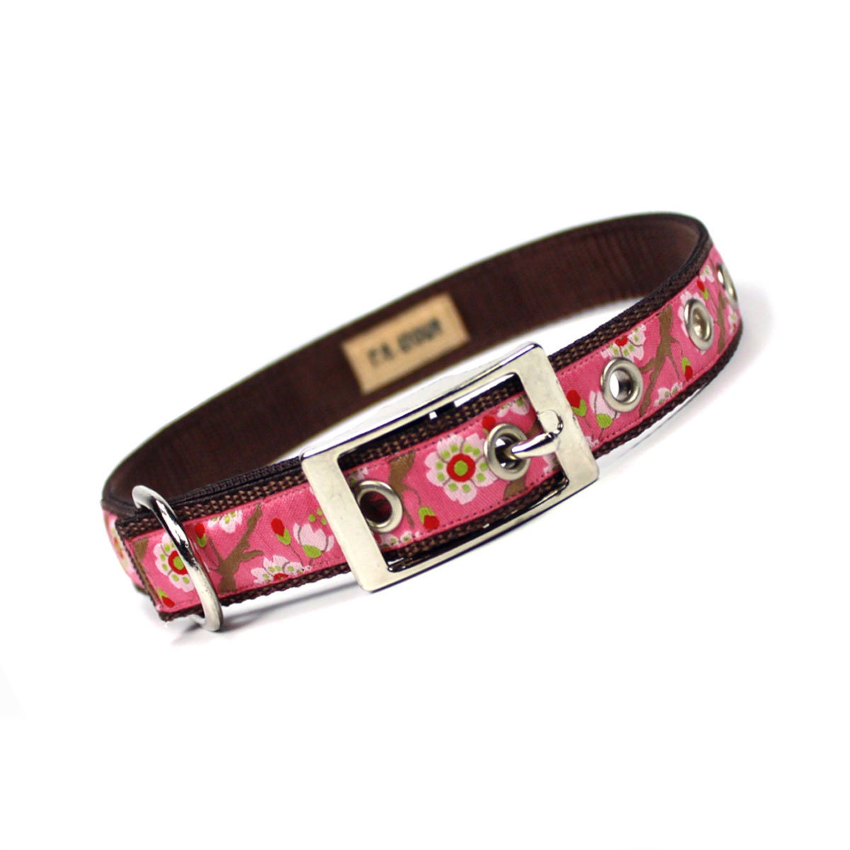 pink and brown zen floral metal buckle dog collar (3/4 inch)