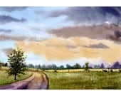 Country road Painting Original Watercolor Painting landscape painting sunset field rural  art watercolour Paintings 7x10