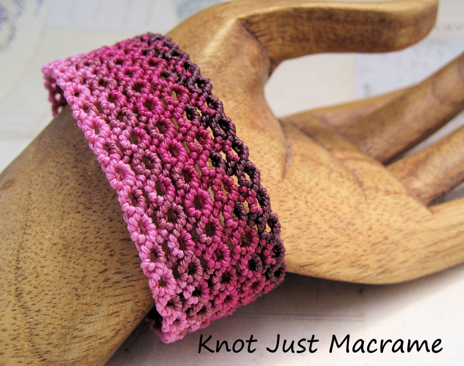 Fuchsia Ombre Micro Macrame Cuff Bracelet Shades of Pink