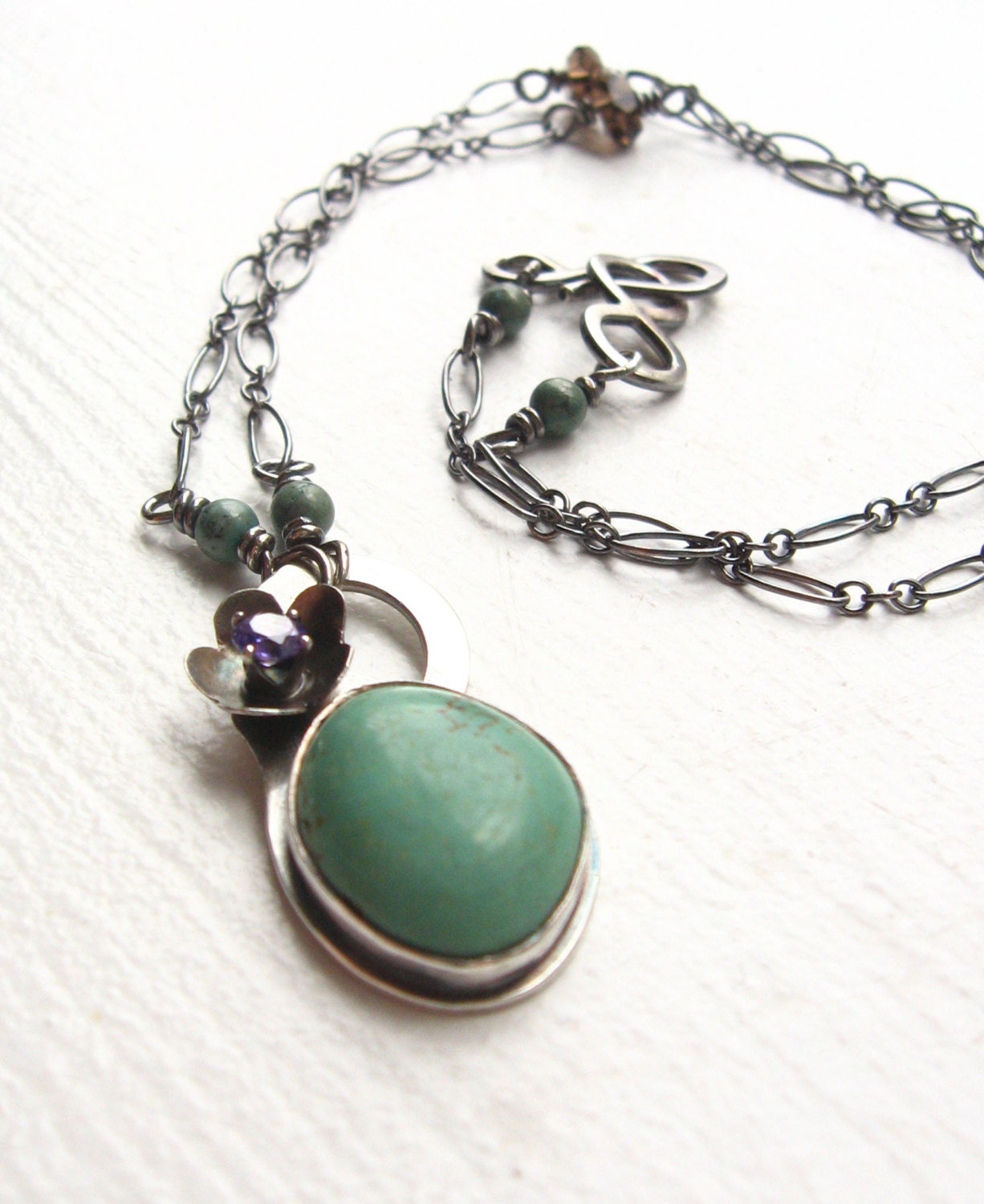 Turquoise Pendant with Sterling Silver Necklace - Turquoise Necklace - Flower Necklace