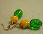 Vintage Chinese Buttercup Yellow Glass Rose Bead Earrings, German Green Lucite Oval , Gold