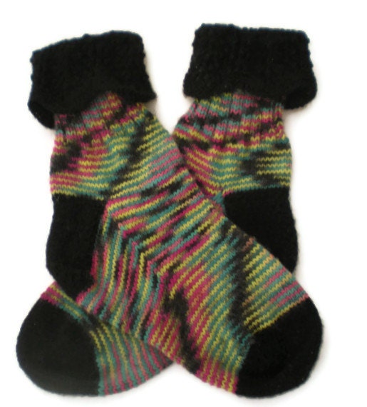 Hand Knit Multi-Color Socks with Black Accents