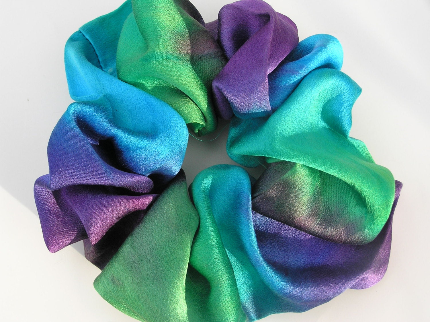 SILK Scrunchie, hand dyed, soft for hair, ponytail, silk, turquoise, emerald green, purple, jewel colors, one of a kind original