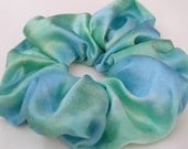 SILK Scrunchie, hand dyed, soft for hair, ponytail, silk, light turquoise and light emerald green, one of a kind original