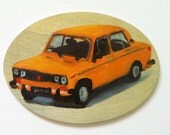 Vintage toy car / original acrylic painting on ellipse  shaped wood / car illustration