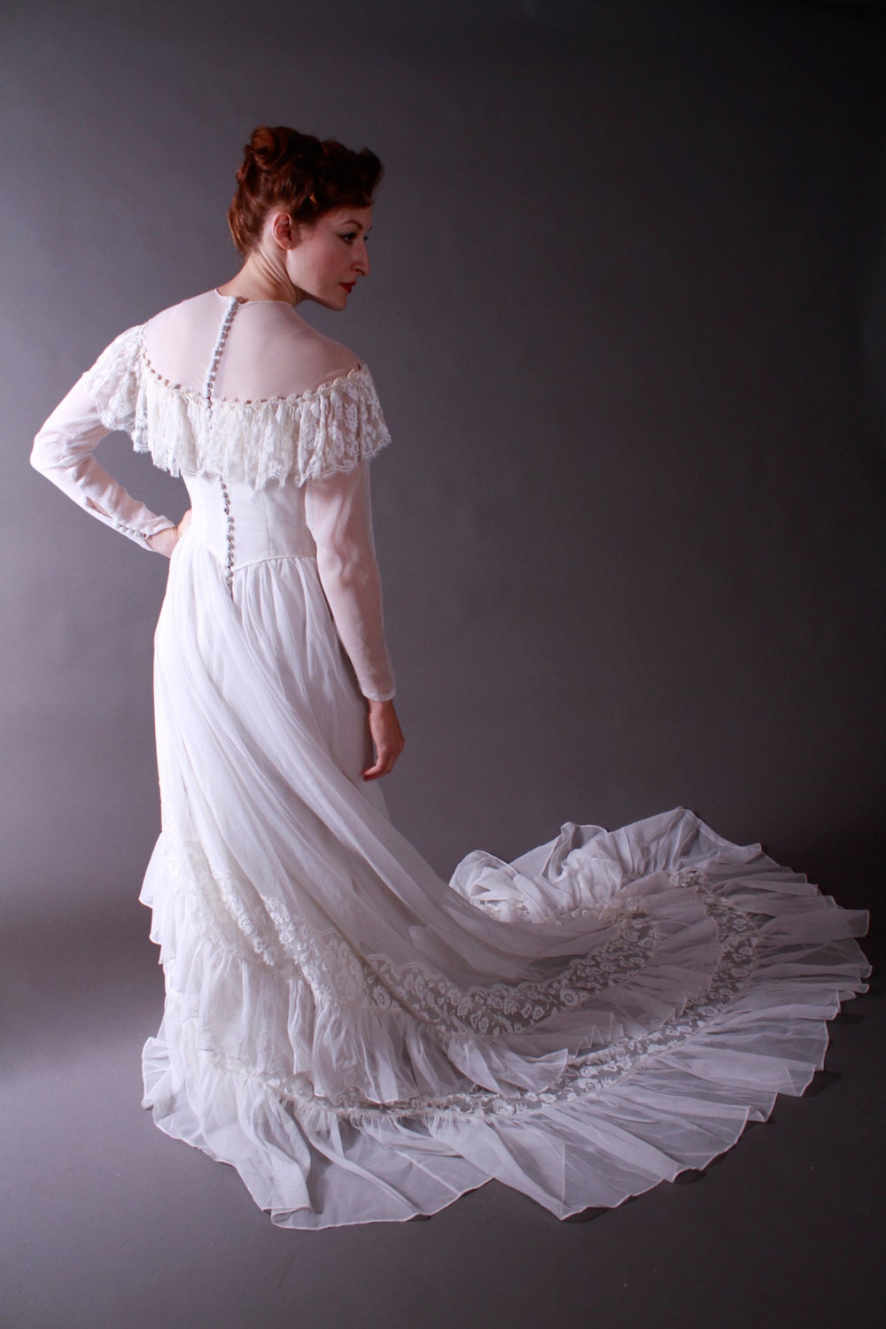 Vintage 1940s Wedding Dress - Dramatic Lace and Frills Wedding Gown with Exceptional Train