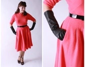 Vintage 1950s Dress - Rockabilly Dress in Hot Pink Coral Fleece Sexy Sweater Girl