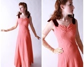 Vintage 1930s Dress -Formal Gown in Coral with Burgundy Velvet Original Design D.C.S.B