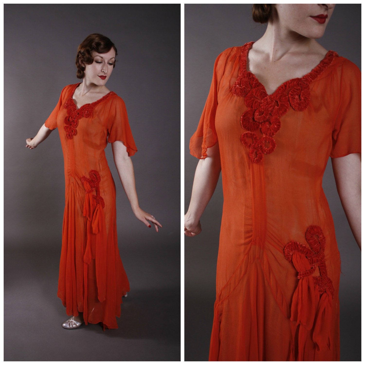 Vintage 1930s Dress - Sheer Silk Crepe Gown with Paneled Skirt and Shirred Velvet Accents