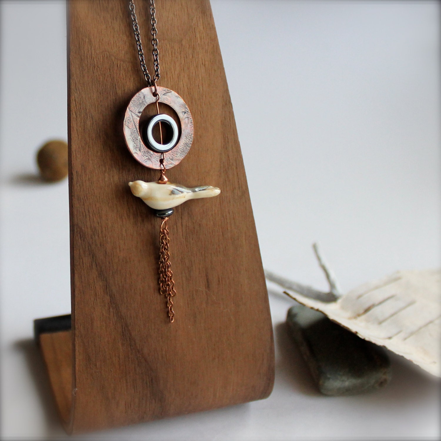 Hematite, Cream Artisan Glass Dove Bird, Copper- Necklace -Woodland Boho Nature Jewellery
