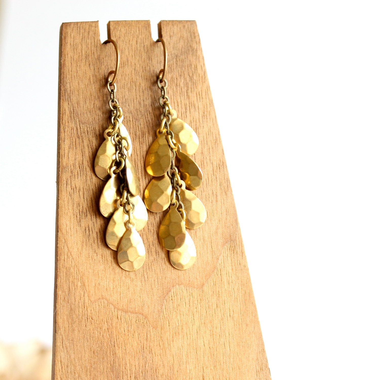 Dangle Cluster Earrings - Hammer Faceted Brass Teardrop Jewellery