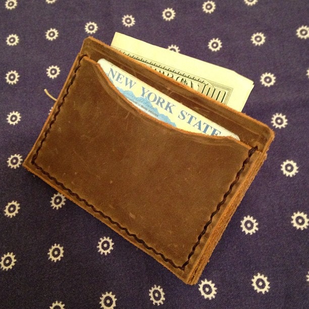 Handmade Double Sided Brown Leather Card Holder Wallet with Pocket