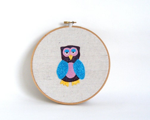 Embroidery Hoop Art - Room Decor - Owl - 7inch hoop - Purple, Aqua, Pink - Handmade by Lovable Designs on Etsy