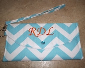 Monogrammed Aqua and White Chevron Wristlet Clutch