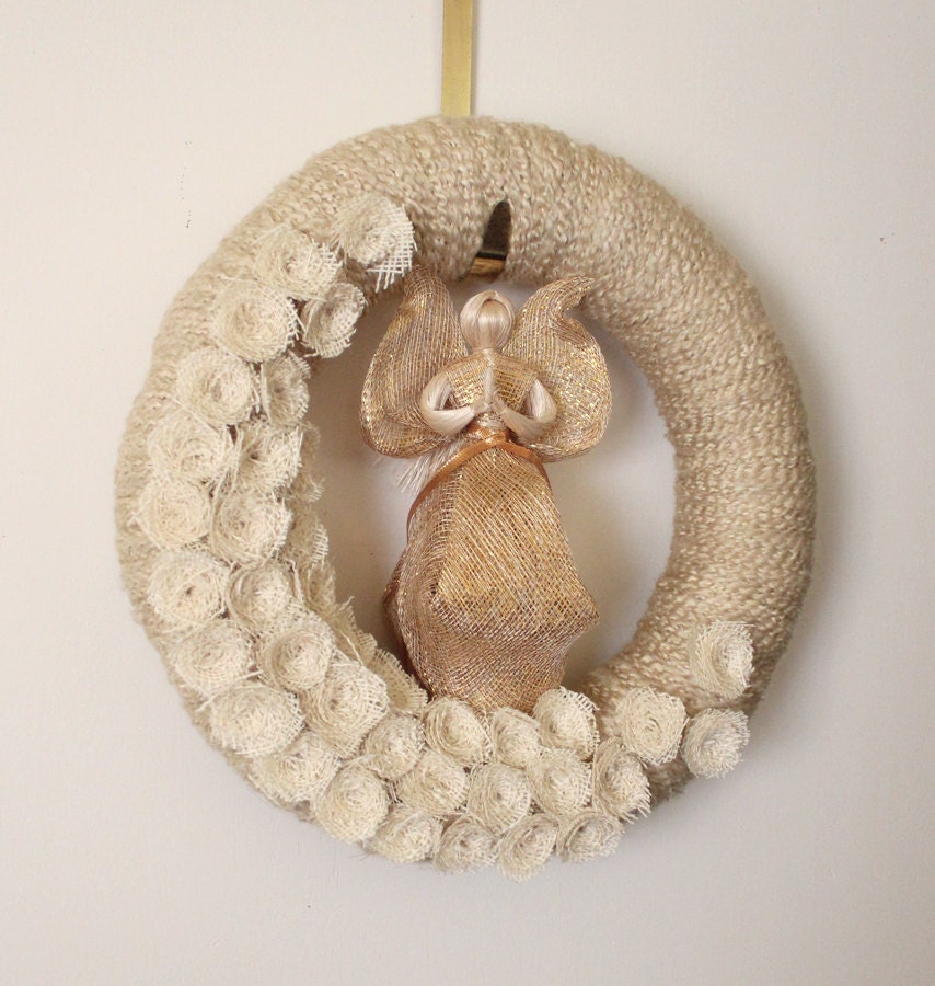 Angel Wreath, Gold Wreath, Burlap Wreath, Rustic Wreath, Country Wreath - 14 inch size - READY TO SHIP