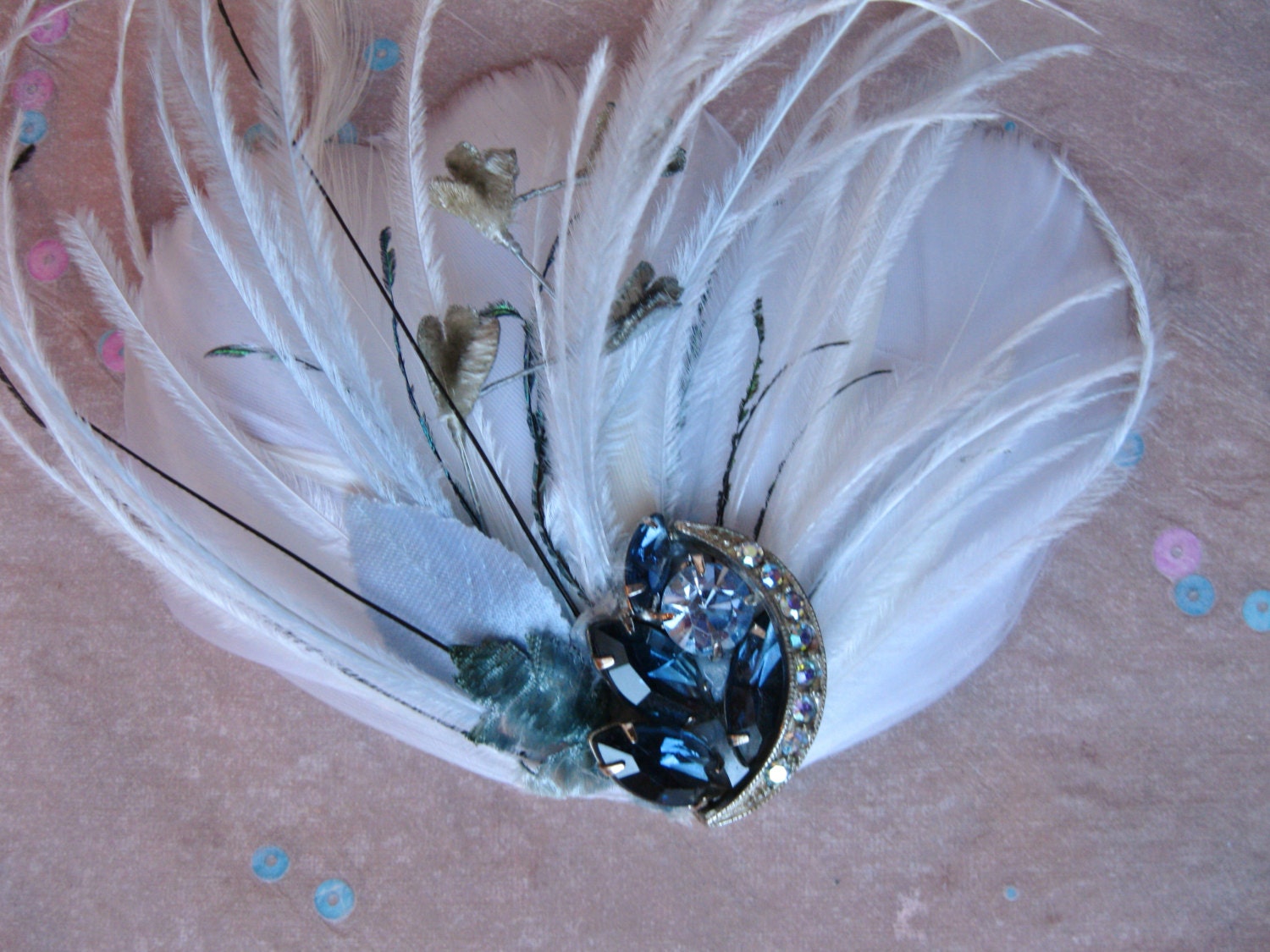 Feather Fascinator with Blue Accents, Bridal Hairpiece, White Wedding Headpiece, Ready to Ship in 1-3 Business Days