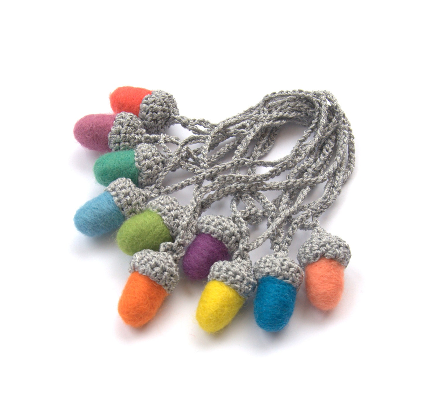 Rainbow Birthday garland Felted Acorns silver set of 10 wool ornament gift  decoration party Weddings favors children nursery bedroom decor