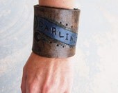 Tooled Leather Cuff Bracelet - "Darling" Banner in Rustic Black Leather
